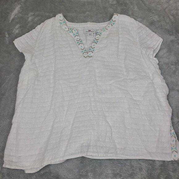 Vinyard Vines Size‎ X-Large White Smocked V Neck Blouse Embroidered 100% Linen - Picture 1 of 8